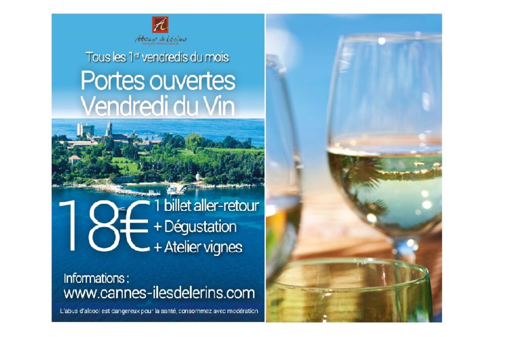 Affiche des Portes ouvertes Vendredi du Vin de l'Abbaye de Lérins avec vue sur l'île et verres de vin blanc