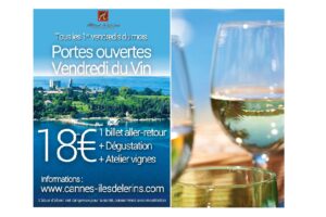 Affiche des Portes ouvertes Vendredi du Vin de l'Abbaye de Lérins avec vue sur l'île et verres de vin blanc