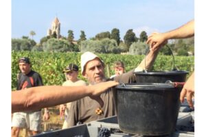 Vendangeurs passant des seaux de raisin noir dans le vignoble de l'île Saint-Honorat, monastère fortifié en arrière-plan