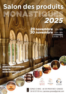 Affiche du Salon des produits monastiques 2025 illustrée d'un cloître d'abbaye et de produits artisanaux