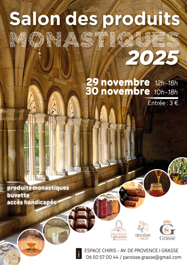 Affiche du Salon des produits monastiques 2025 illustrée d'un cloître d'abbaye et de produits artisanaux