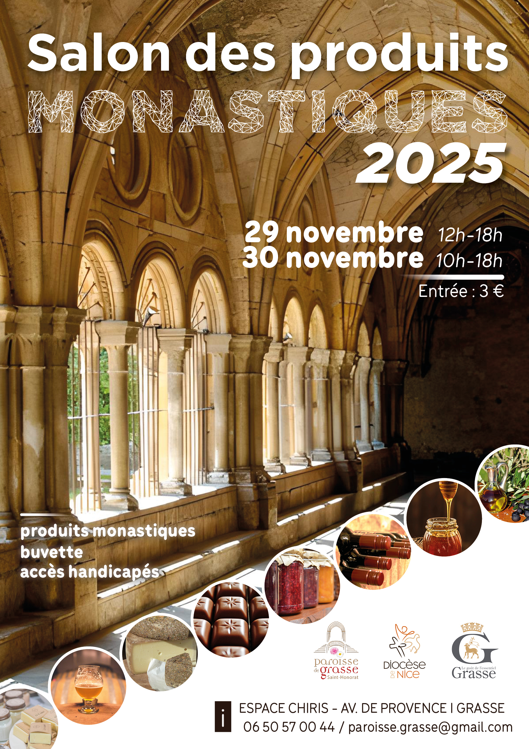 Affiche du Salon des produits monastiques 2025 illustrée d'un cloître d'abbaye et de produits artisanaux